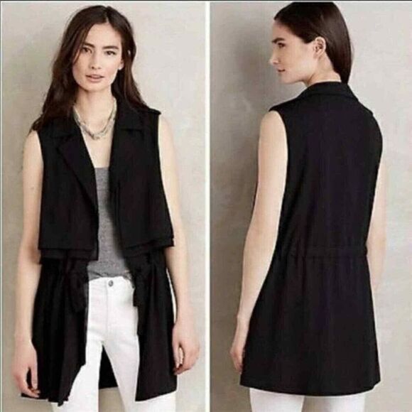 Cartonnier Anthropologie Jacket Vest Womens Small S Black Tie Waist Draped‎ - Picture 1 of 13